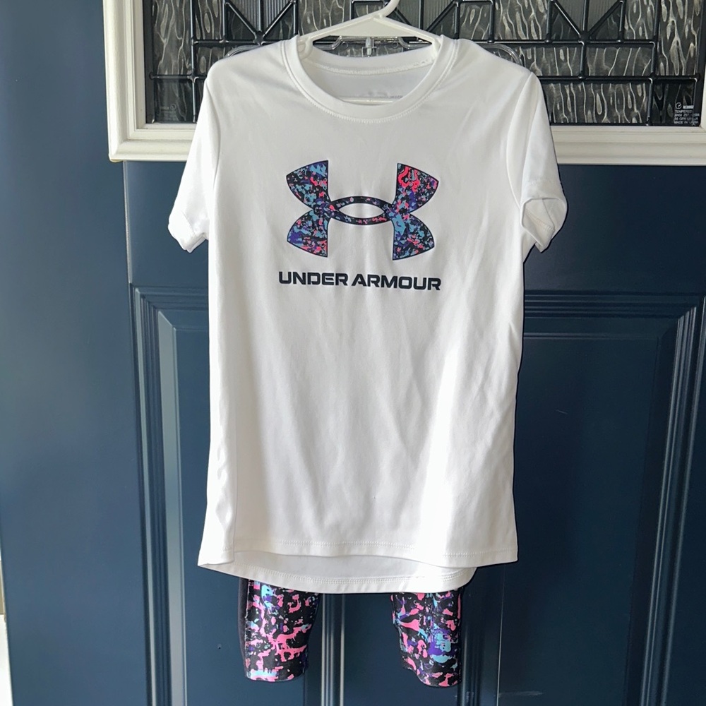 Under Armour White Tee with Multicolor leggings